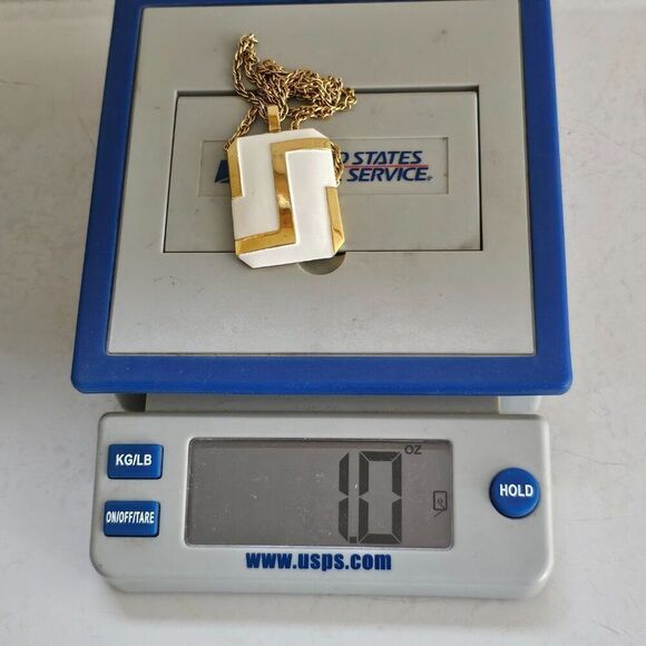 Vintage Modernist White Enamel Gold Tone Signed Crown Trifari Pendant Necklace - Picture 11 of 15